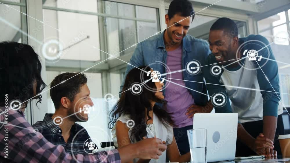 Poster collaborating, diverse business team with network connections and data processing animation