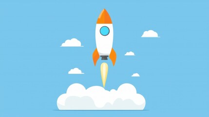Cartoon Rocket Ship Launching into Sky with Clouds