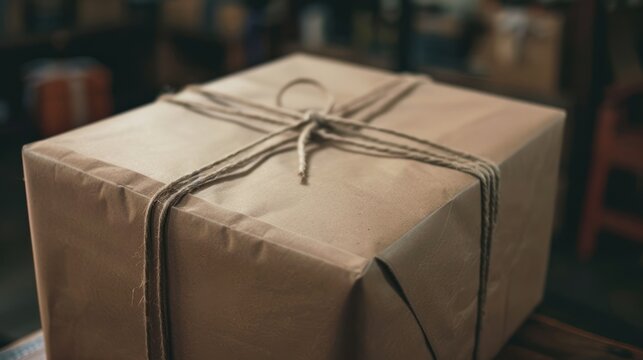 Close-up of a Brown Package Tied with Twine