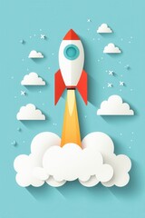 Rocket Launching Through Clouds   Paper Cutout Style Illustration