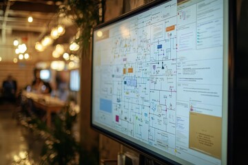 A large monitor displays a diagram of a complex system