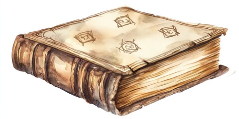 Worn leatherbound book, arcane symbols, ancient library, Watercolor style, isolated on white background