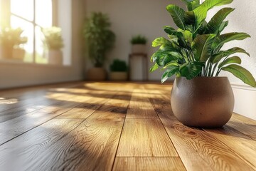 Fototapeta premium Indoor plant in ceramic pot on wooden floor with sunlight