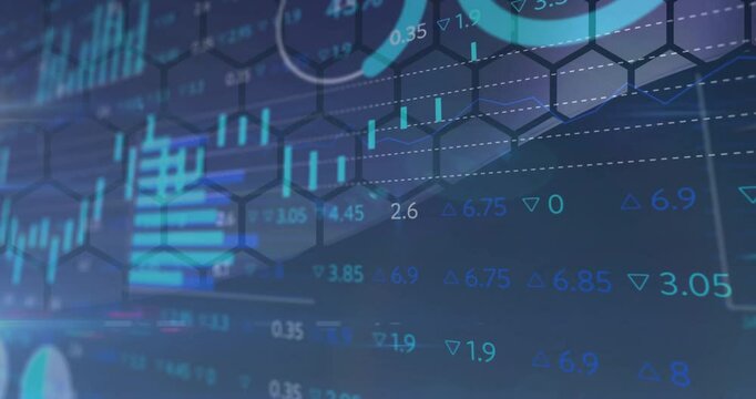 Stock market data and financial graphs animation over hexagonal patterns