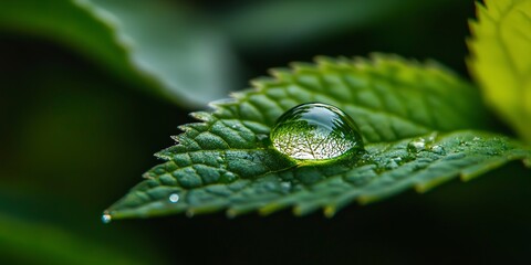 Macro shot of a dewdrop on a green leaf, reflecting the surrounding nature. 