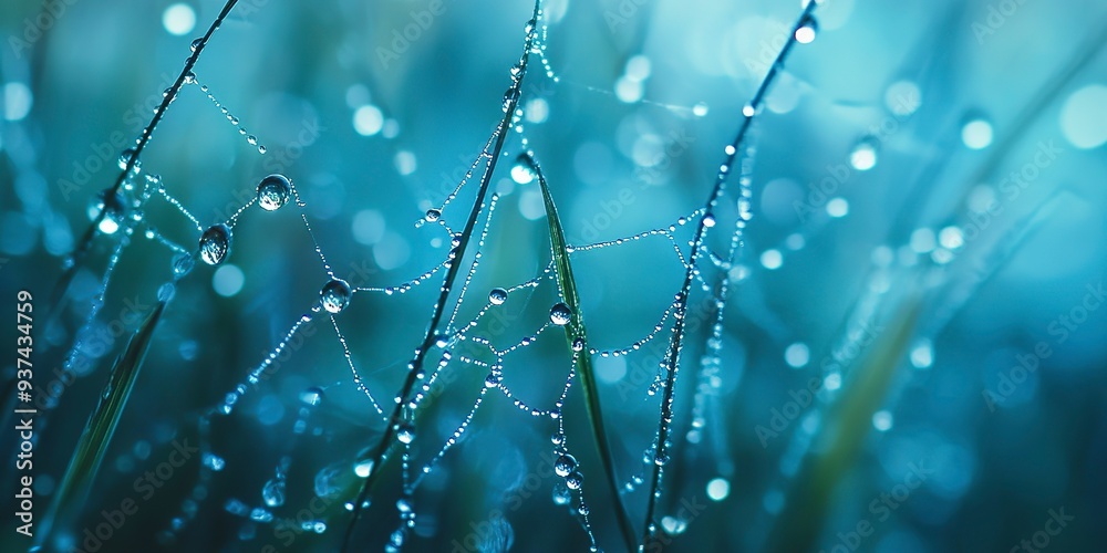 Canvas Prints beautiful natural background with necklace of water droplets on a cobweb in grass in spring of summe