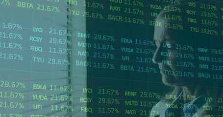 Financial data processing animation over person in office with green text overlay - Powered by Adobe