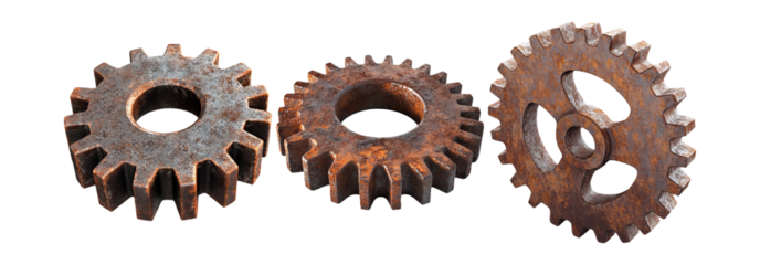 Rusty gears set isolated on transparent background, old metal gears for machinery and industry
