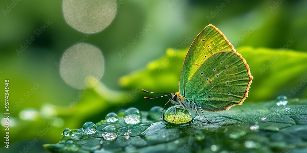 Poster Butterfly on dewdrop. A green butterfly rests on a dewdrop on a green leaf.