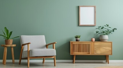 Minimalist Living Room with Serene Sage Green Wall and Modern Armchair