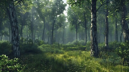 Obraz premium A serene forest scene with lush greenery and soft sunlight filtering through the trees.