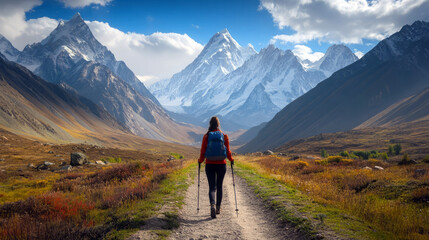 Obraz premium A woman hikes towards a majestic mountain range,