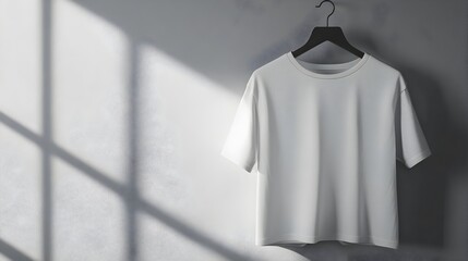 Photograph of a mockup of a blank t shirt hanging on a hanger ready for custom design fashion clothing and apparel product photography concept