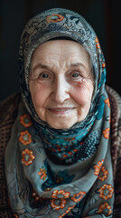 Elderly Cancer Survivor with Headscarf, Smiling in Victory
