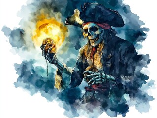 Pirate captains ghost, holding cursed treasure, moonlit night, Watercolor style, isolated on white background