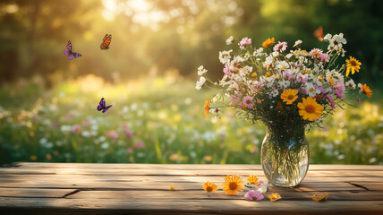A wooden table with a vase of wildflowers as the focal point, the background is a blurred meadow with butterflies, and the natural light is soft and warm, creating a peaceful, serene atmosphere.