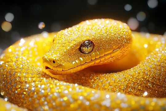 close up yellow snake made of diamonds and rhinestones, luxury glittery sparkly symbol of new year, wisdom and wealth animal wallpaper, magic reptile jewelry