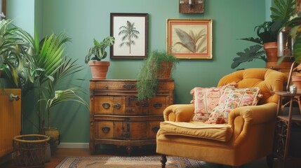 Bohemian Chic Living Room with Sage Green Wall and Vintage Accents