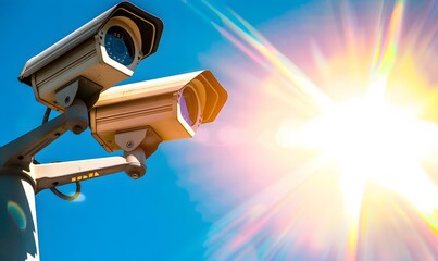 Outdoor CCTV monitoring, security cameras with sunlight flare.