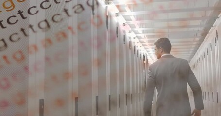 Walking in data center, businessman with DNA sequence animation over him - Powered by Adobe