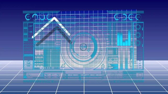 Financial data analysis animation with graphs and charts over grid background