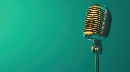 Fototapeta premium A vintage microphone stands against a soft teal background, perfect for music performance, or podcasting themes