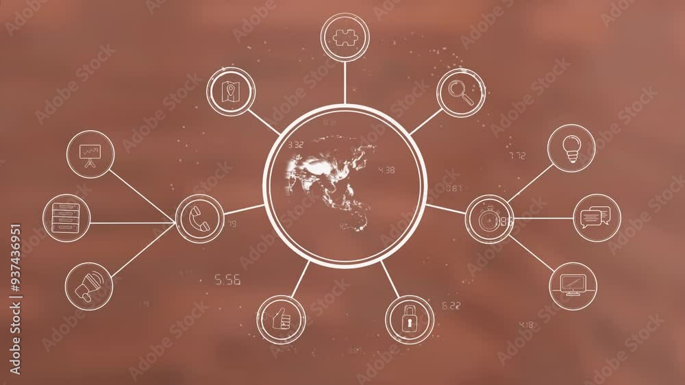 Poster interconnected icons and data processing network animation over blurred background