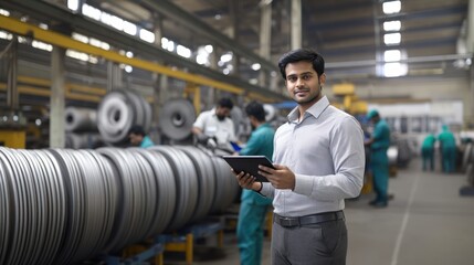 Indian businessman holding a tablet standing in front of an industrial factory, focused on device, industrial setting