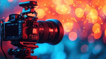 A close-up of a professional camera with vibrant bokeh background showcasing photography equipment and creative art