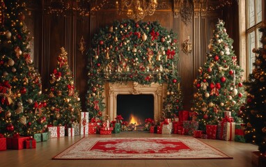 Festive Christmas fireplace Winter and Christmas holidays background