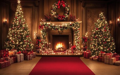 Fototapeta premium Festive Christmas fireplace Winter and Christmas holidays background