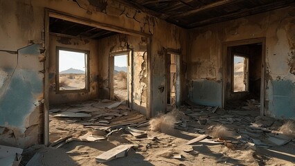 Fototapeta premium The interior of an abandoned house in the desert, with broken windows and doors, and a dusty floor.