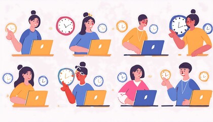 Part-time job, work tracking system, day planning or time management, side hustle or office work deadline, start and end time schedule concept, businesswoman working with laptop on split time clock