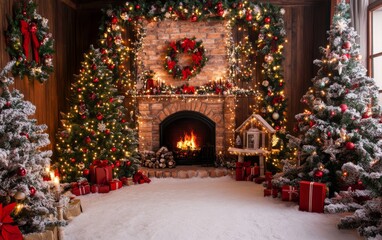 Festive Christmas fireplace Winter and Christmas holidays background