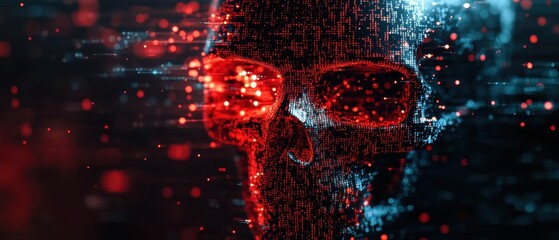 A digital skull with glowing red and blue elements, representing modern technology and the concept of mortality.