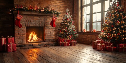 Obraz premium Festive Christmas fireplace Winter and Christmas holidays background