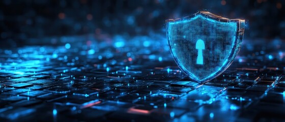 A futuristic digital shield symbolizing cybersecurity and protection against online threats in a glowing tech environment.