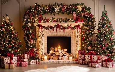 Festive Christmas fireplace Winter and Christmas holidays background