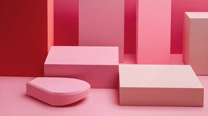 Abstract geometric composition of pink and red blocks in various shapes and sizes, creating a modern and minimalistic visual