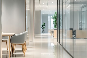 Fototapeta premium Modern office interior with glass partitions, wooden furniture,