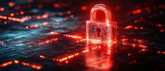 A modern digital lock symbolizing cybersecurity and data protection amidst a network of glowing technology elements.