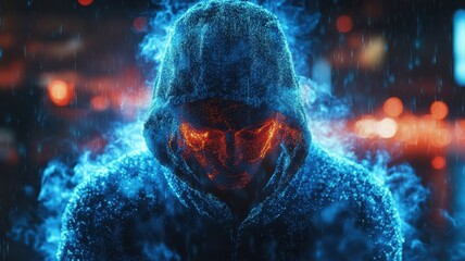 A mysterious figure in a glowing hoodie, surrounded by vibrant blue and orange energy effects, set against an urban backdrop.