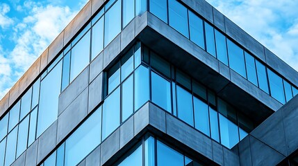 Modern Concrete Office Building with Blue Glass Windows - Realistic Photo