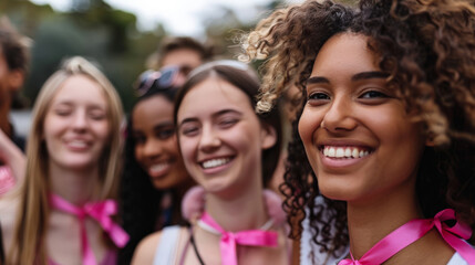 Fototapeta premium Group of women united in strength with pink ribbons, breast cancer awareness 