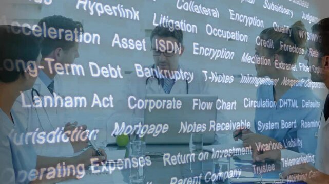 Legal and financial terminology animation over business meeting in office