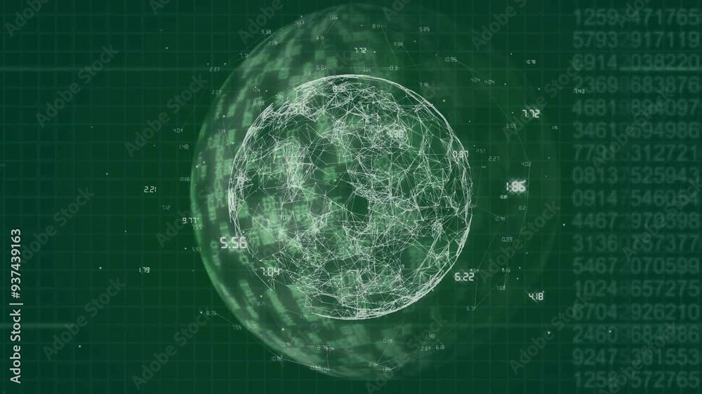 Poster rotating globe with interconnected lines and numbers, data processing animation