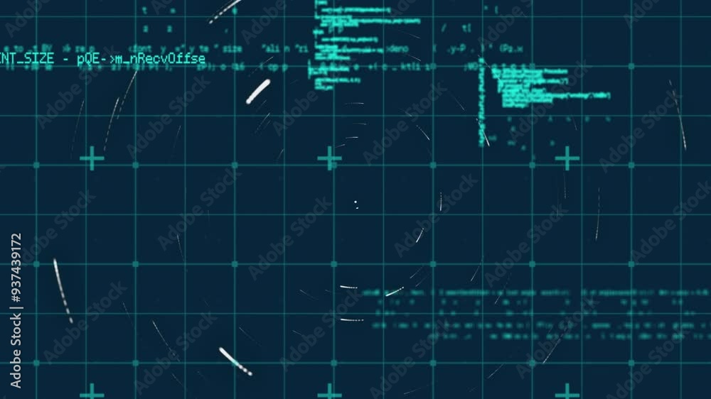 Poster digital data processing animation with circular patterns and binary coding