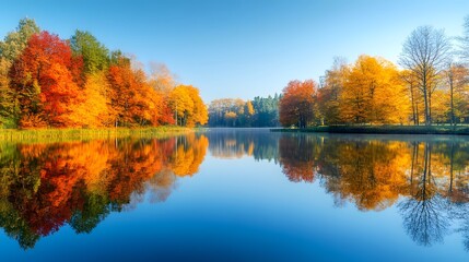 A still lake surrounded by colorful autumn trees, their reflection mirrored perfectly on the water's surface, under a clear blue sky