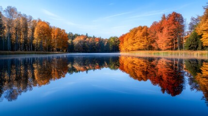 A still lake surrounded by colorful autumn trees, their reflection mirrored perfectly on the water's surface, under a clear blue sky