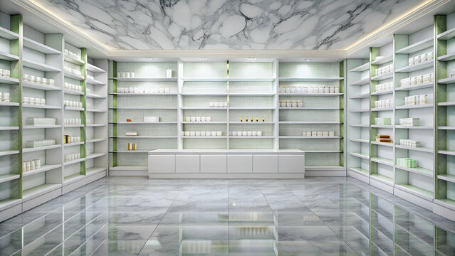Clean and modern pharmacy interior with well-stocked shelves and a marble countertop.
Professional pharmacy environment featuring neatly organized - Powered by Adobe